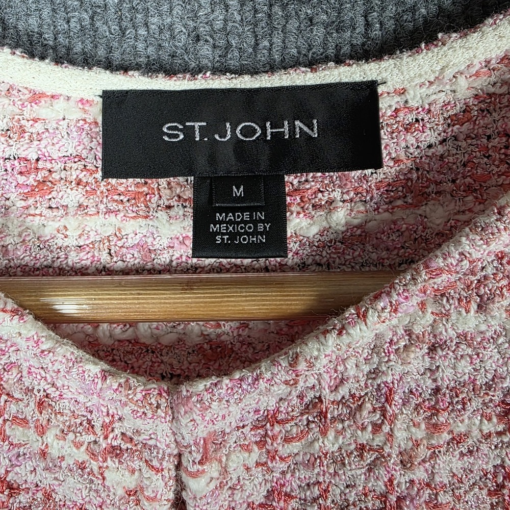 St John Jacket M Pink Tweed Knit Cardigan Duster Long Blazer Wool Blend Sweater - Picture 7 of 13